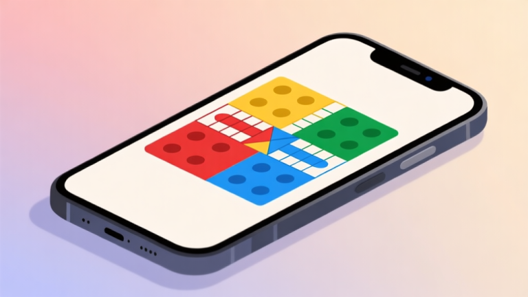自动生成图片: Ilustrasi minimalis papan permainan Ludo digital dengan token berwarna merah, kuning, hijau, biru di atas layar smartphone, latar belakang soft gradient, gaya desain bersih dan modern high quality illustration, detailed, 16:9