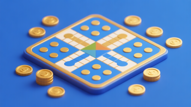 自动生成图片: Ilustrasi papan permainan Ludo dengan koin-koin emas tersebar di sekitarnya, desain minimalis dengan warna biru dan emas, gaya visual game mobile modern high quality illustration, detailed, 16:9