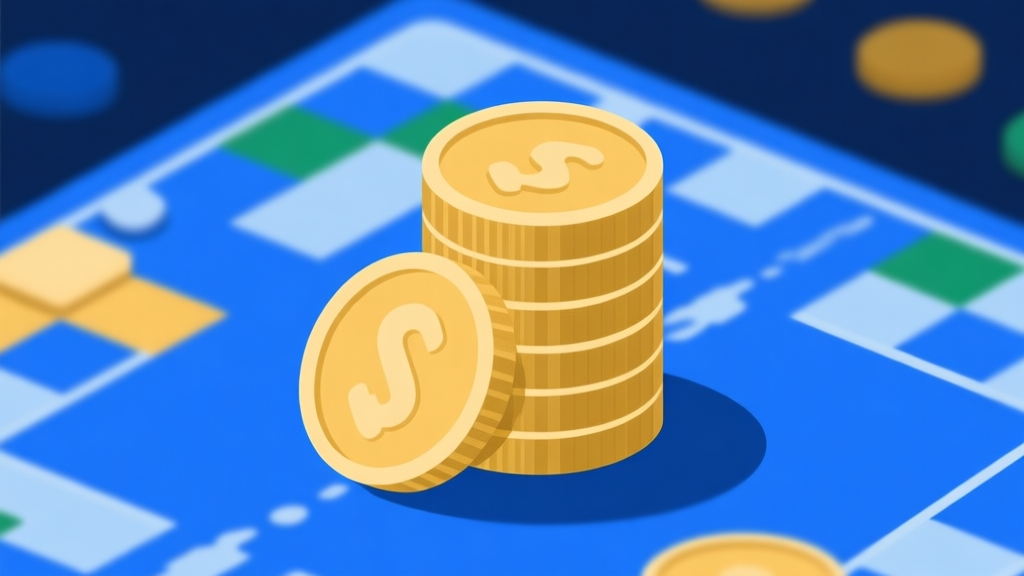 Ilustrasi minimalis koin Ludo bertumpuk dengan latar belakang papan permainan, warna biru dan emas dominan, gaya flat design yang clean high quality illustration, detailed, 16:9