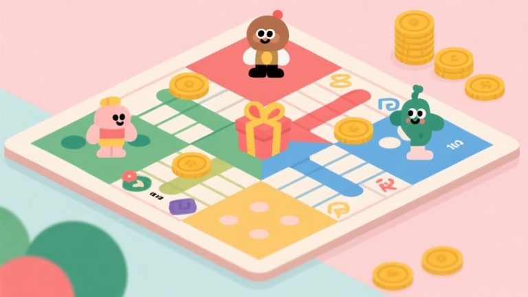 自动生成图片: Ilustrasi papan permainan Ludo dengan berbagai elemen dekoratif dan karakter, gaya flat design minimalis, skema warna pastel yang lembut, fokus pada koin dan hadiah high quality illustration, detailed, 16:9
