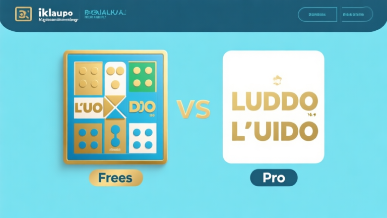自动生成图片: Ilustrasi perbandingan antara papan permainan Ludo versi gratis dengan iklan dan versi pro yang bersih, desain minimalis dengan warna biru muda dan emas, gaya presentasi profesional high quality illustration, detailed, 16:9
