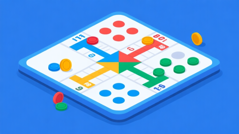 自动生成图片: Ilustrasi antarmuka permainan Ludo modern dengan desain minimalis, papan permainan digital dengan token berwarna-warni, skema warna biru dan putih yang bersih, gaya presentasi profesional high quality illustration, detailed, 16:9