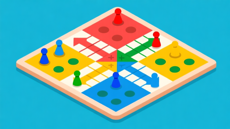自动生成图片: Ilustrasi papan permainan Ludo dengan empat warna pion berbeda, menunjukkan strategi pergerakan pion, gaya ilustrasi permainan papan minimalis, warna-warna cerah namun tidak mencolok high quality illustration, detailed, 16:9