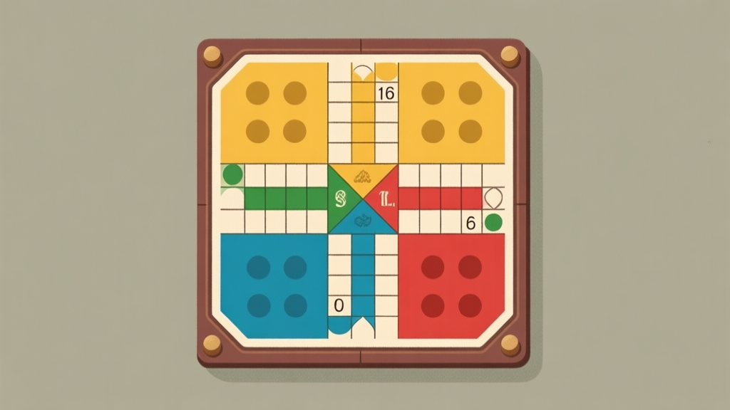 Ilustrasi papan permainan Ludo klasik dengan warna-warna tradisional, desain minimalis yang bersih, nuansa nostalgia dengan efek vintage lembut high quality illustration, detailed, 16:9