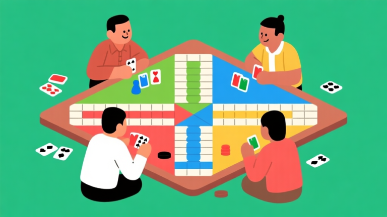 自动生成图片: Ilustrasi papan permainan Ludo 2D dengan desain sederhana, warna-warna cerah khas Indonesia, empat pemain sedang bermain di sekitar papan, gaya ilustrasi flat design yang bersih high quality illustration, detailed, 16:9
