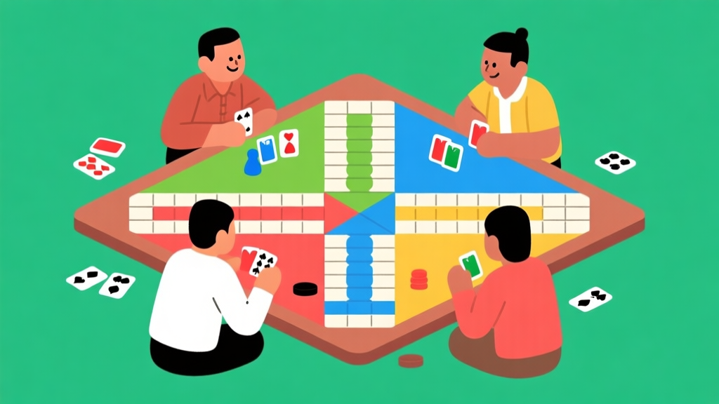 Ilustrasi papan permainan Ludo 2D dengan desain sederhana, warna-warna cerah khas Indonesia, empat pemain sedang bermain di sekitar papan, gaya ilustrasi flat design yang bersih high quality illustration, detailed, 16:9