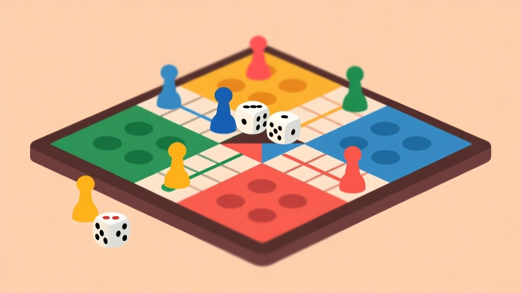 Ilustrasi minimalis papan permainan Ludo dengan dadu dan pion berwarna-warni, latar belakang bersih dengan nuansa hangat, gaya desain flat yang modern high quality illustration, detailed, 16:9