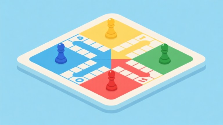自动生成图片: Ilustrasi papan permainan Ludo digital dengan 4 bidak warna berbeda berada di posisi strategis, ditampilkan dari atas, gaya flat design minimalis dengan skema warna biru muda, kuning, merah, dan hijau yang soft, latar belakang bersih high quality illustration, detailed, 16:9