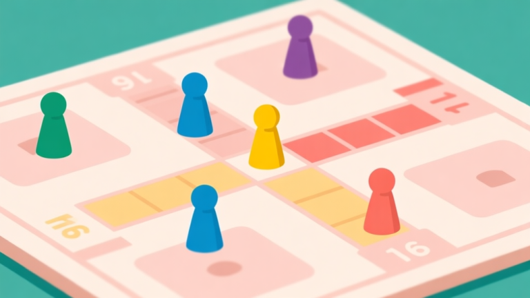 自动生成图片: Ilustrasi papan permainan Ludo dengan 4 bidak warna berbeda tersebar di jalur start, satu bidak kuning hampir mencapai rumah, gaya ilustrasi datar minimalis dengan warna pastel lembut, komposisi bersih high quality illustration, detailed, 16:9