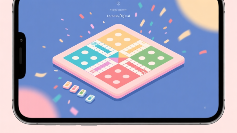 自动生成图片: Ilustrasi minimalis papan permainan Ludo digital dengan warna-warna pastel, ditampilkan di layar iPhone dengan animasi partikel halus, gaya desain bersih dan modern high quality illustration, detailed, 16:9