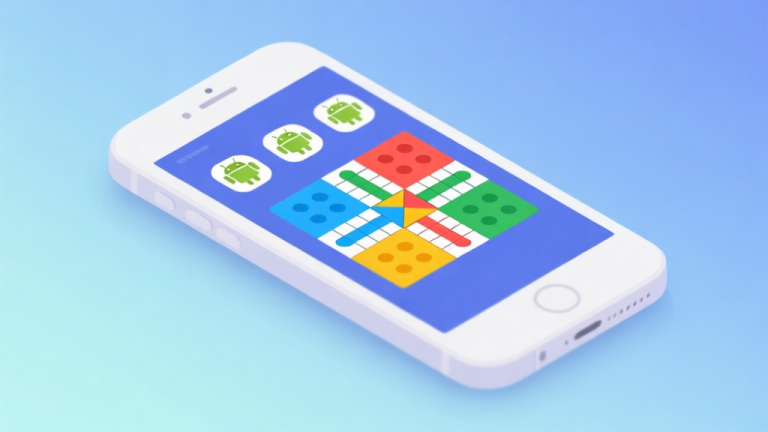自动生成图片: Ilustrasi minimalis beberapa ikon ponsel Android dengan papan permainan Ludo yang berwarna-warni terpampang di layarnya, latar belakang lembut dengan gradasi biru muda, gaya desain bersih dan modern high quality illustration, detailed, 16:9