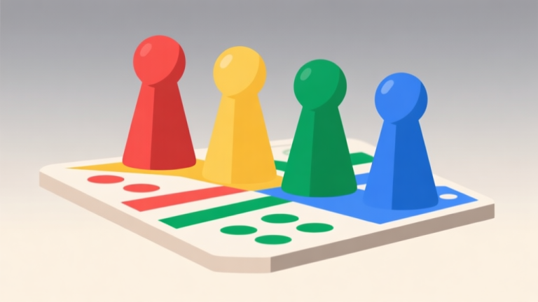 自动生成图片: Ilustrasi minimalis papan permainan Ludo dengan empat bidak warna berbeda (merah, kuning, hijau, biru) di posisi start, latar belakang lembut dengan gradasi abu-abu muda, desain bersih dan geometris, konsep persiapan permainan high quality illustration, detailed, 16:9