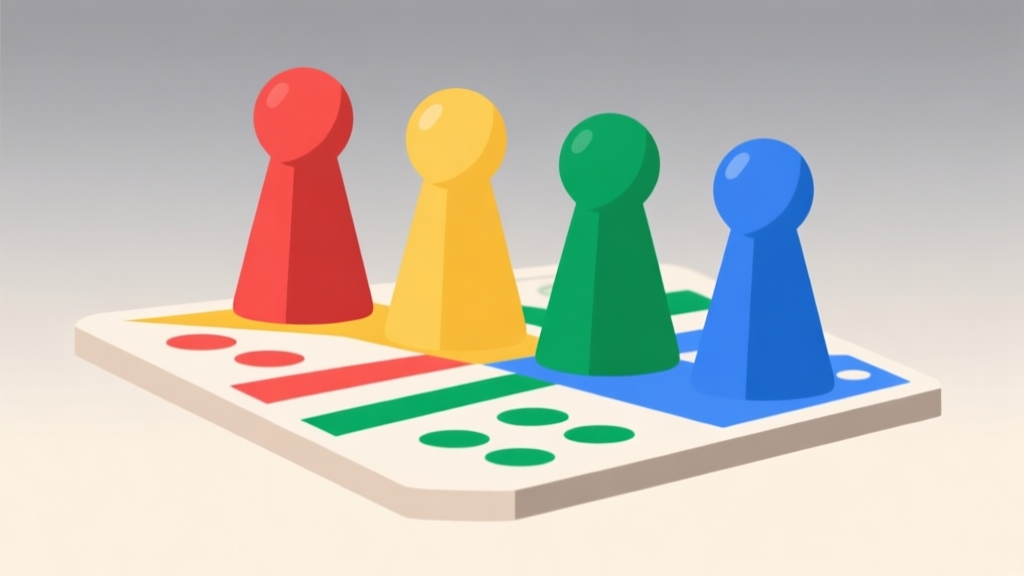 Ilustrasi minimalis papan permainan Ludo dengan empat bidak warna berbeda (merah, kuning, hijau, biru) di posisi start, latar belakang lembut dengan gradasi abu-abu muda, desain bersih dan geometris, konsep persiapan permainan high quality illustration, detailed, 16:9