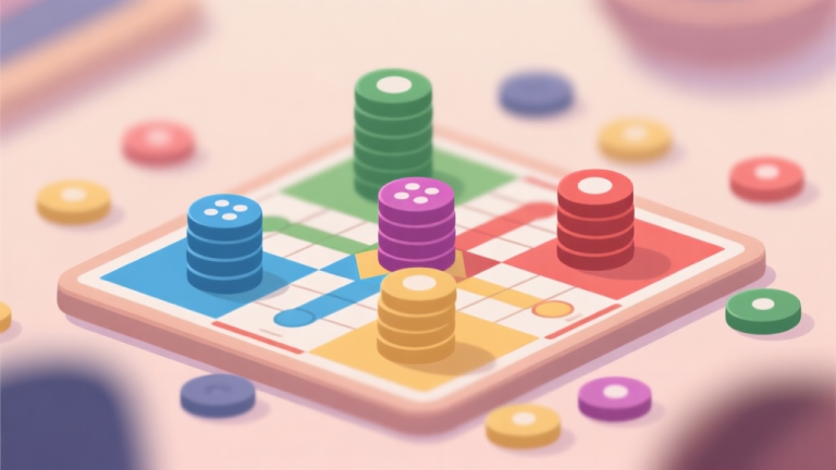 自动生成图片: Ilustrasi papan permainan Ludo online dengan empat token berbeda warna berada di posisi strategis, ditumpuk dan tersebar, latar belakang soft blur, gaya flat design minimalis dengan palet warna pastel yang tenang high quality illustration, detailed, 16:9