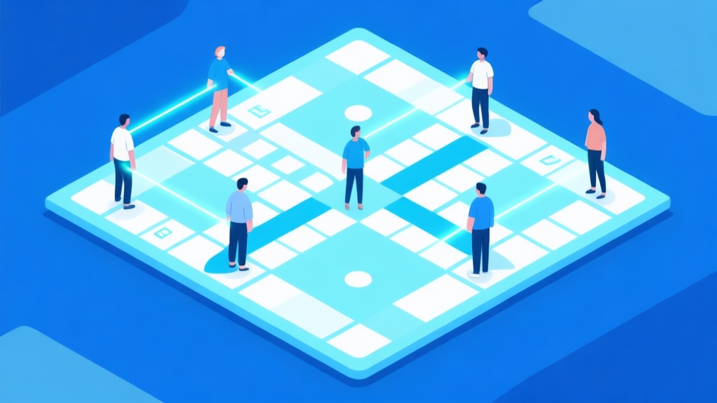 Ilustrasi abstrak sekelompok orang terhubung oleh papan permainan Ludo digital yang besar, dengan garis-garis cahaya menghubungkan mereka, skema warna biru muda dan putih, desain minimal bersih, gaya visual komunitas online high quality illustration, detailed, 16:9