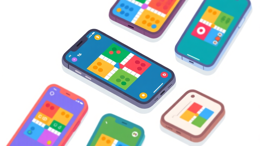 Ilustrasi minimalis beberapa ponsel dengan layar berbeda yang menampilkan antarmuka game Ludo berwarna-warni, latar belakang putih bersih, gaya flat design, fokus pada variasi dan pilihan high quality illustration, detailed, 16:9