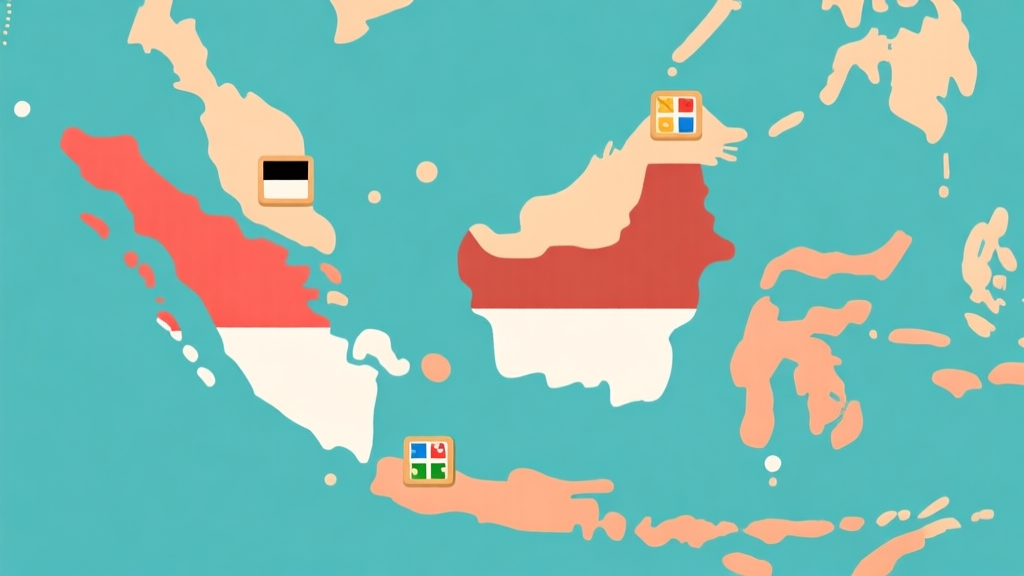 Peta Indonesia bergaya minimalis dengan ikon papan permainan Ludo yang berbeda-beda tersebar di pulau Jawa, Sumatra, Kalimantan, Sulawesi, dan Bali, warna tanah dan pastel, ilustrasi clean vector high quality illustration, detailed, 16:9