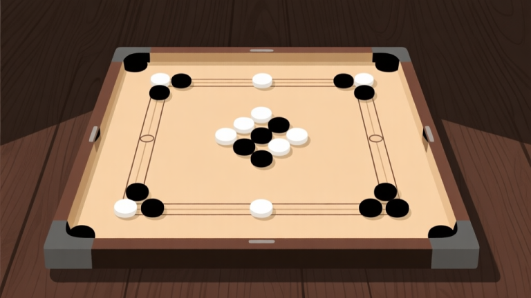 自动生成图片: Ilustrasi minimalis papan carrom dengan bidak berwarna putih dan hitam tersusun rapi di tengah, latar belakang kayu gelap yang bersih, cahaya lembut, gaya infografis yang profesional high quality illustration, detailed, 16:9