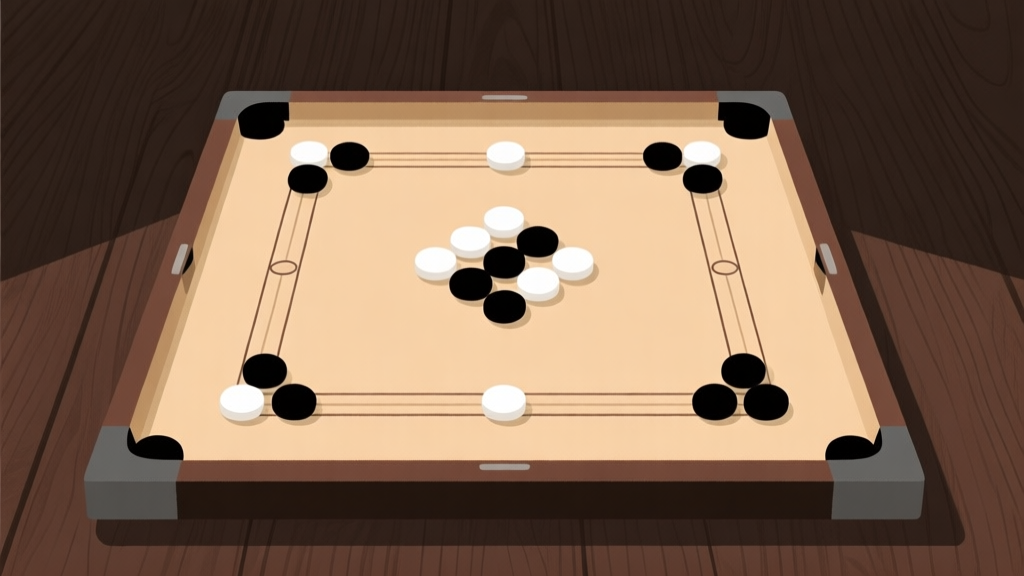 Ilustrasi minimalis papan carrom dengan bidak berwarna putih dan hitam tersusun rapi di tengah, latar belakang kayu gelap yang bersih, cahaya lembut, gaya infografis yang profesional high quality illustration, detailed, 16:9
