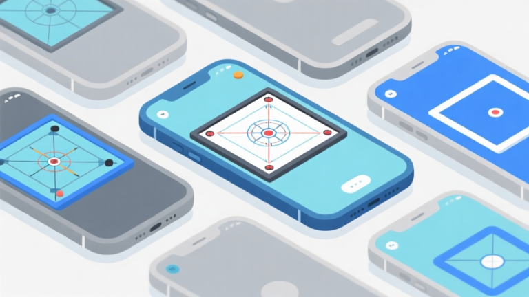 自动生成图片: Ilustrasi grafis minimalis beberapa ponsel dengan layar menampilkan antarmuka game carrom yang berbeda, skema warna biru muda dan abu-abu, desain bersih, gaya infografis high quality illustration, detailed, 16:9