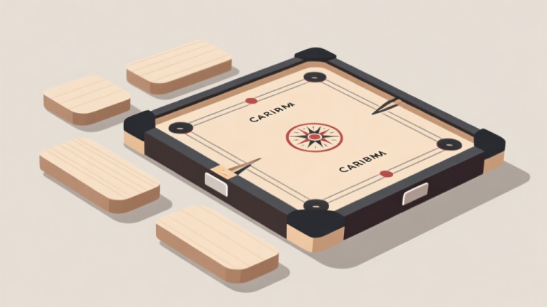 自动生成图片: Komposisi minimalis beberapa papan Carrom dengan permukaan halus dan sudut yang kokoh, diletakkan pada latar belakang netral, ilustrasi gaya hidup modern yang bersih dan profesional high quality illustration, detailed, 16:9