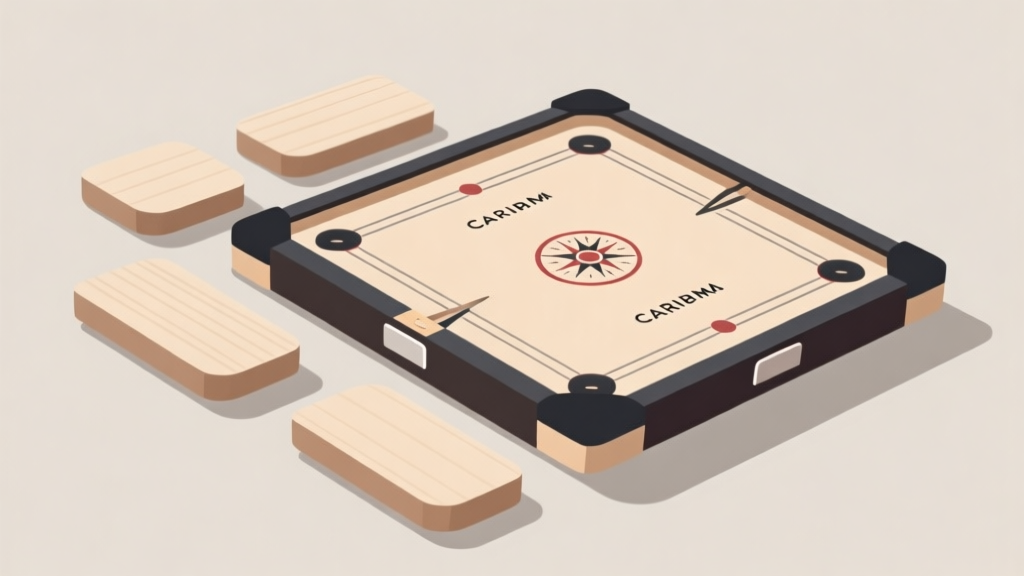 Komposisi minimalis beberapa papan Carrom dengan permukaan halus dan sudut yang kokoh, diletakkan pada latar belakang netral, ilustrasi gaya hidup modern yang bersih dan profesional high quality illustration, detailed, 16:9
