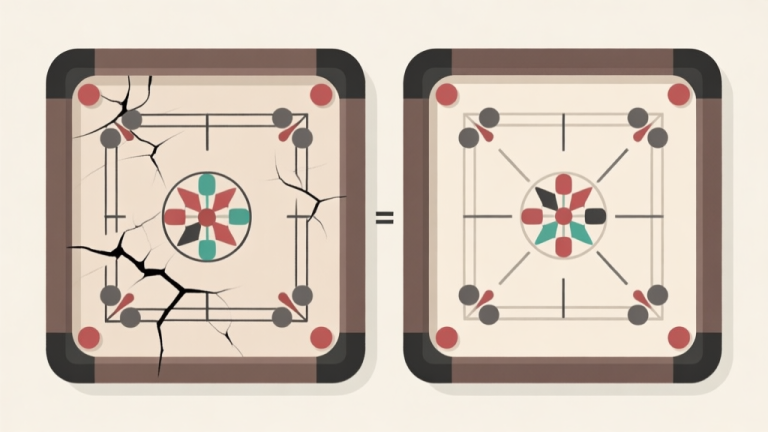自动生成图片: Ilustrasi perbandingan dua papan Carrom, satu dengan permukaan melengkung dan retak, satu lagi datar sempurna. Desain diagram sederhana dengan warna netral, gaya infografis yang bersih high quality illustration, detailed, 16:9