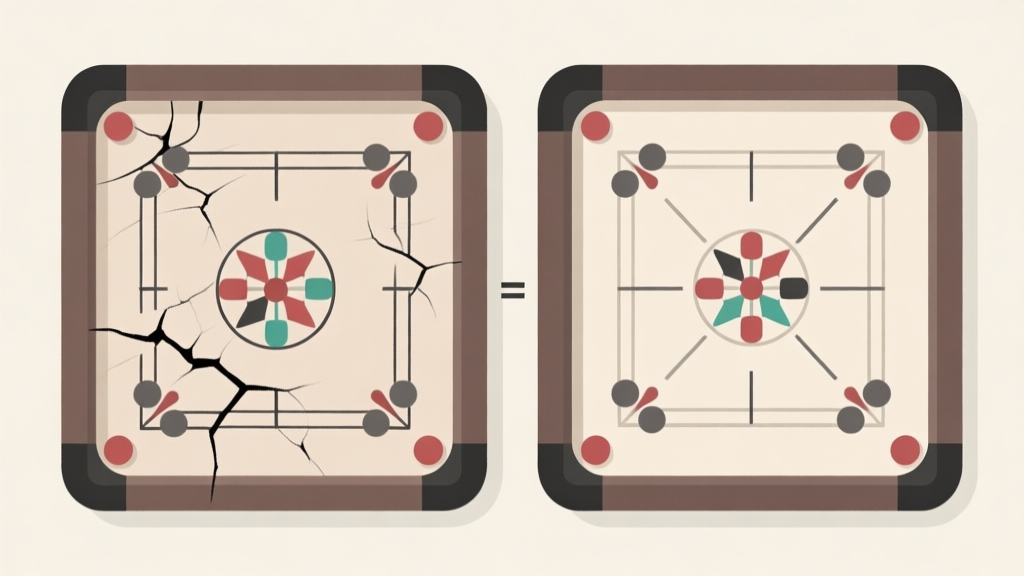 Ilustrasi perbandingan dua papan Carrom, satu dengan permukaan melengkung dan retak, satu lagi datar sempurna. Desain diagram sederhana dengan warna netral, gaya infografis yang bersih high quality illustration, detailed, 16:9
