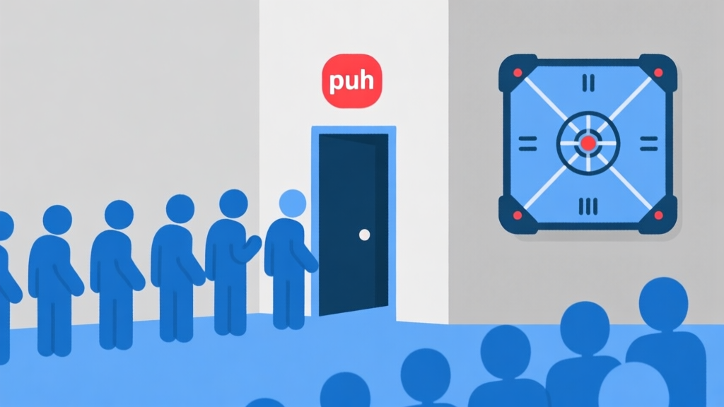 Ilustrasi grafis sederhana menunjukkan ikon-ikon pemain banyak menuju satu pintu masuk ruang game Carrom yang kecil, dengan simbol "penuh" berwarna merah, gaya flat design minimalis dengan warna biru dan abu-abu high quality illustration, detailed, 16:9