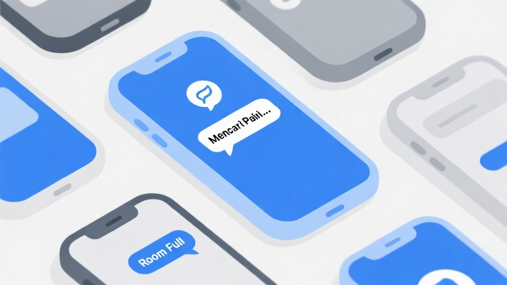 Ilustrasi grafis minimalis dari beberapa ikon ponsel dengan layar berbeda yang menampilkan pesan "Room Full" atau "Mencari Pemain...", skema warna biru dan abu-abu yang tenang, desain datar dan bersih high quality illustration, detailed, 16:9