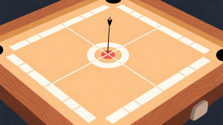 自动生成图片: Ilustrasi minimalis papan carrom dengan bidikan yang meleset, ditampilkan dari sudut pandang atas, warna kayu hangat dan bidikan putih, gaya clean dan sederhana, fokus pada garis bidikan yang salah high quality illustration, detailed, 16:9