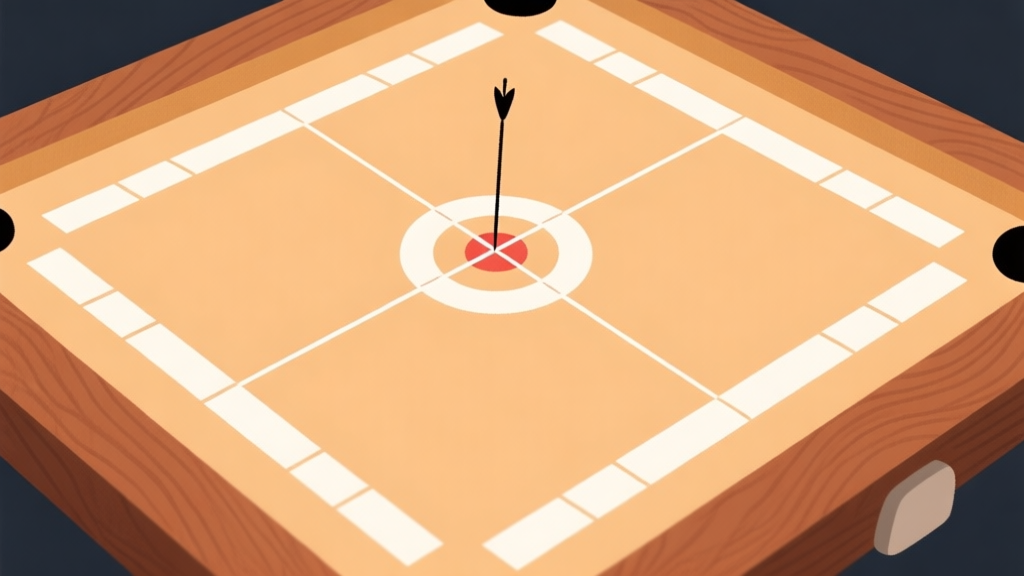 Ilustrasi minimalis papan carrom dengan bidikan yang meleset, ditampilkan dari sudut pandang atas, warna kayu hangat dan bidikan putih, gaya clean dan sederhana, fokus pada garis bidikan yang salah high quality illustration, detailed, 16:9