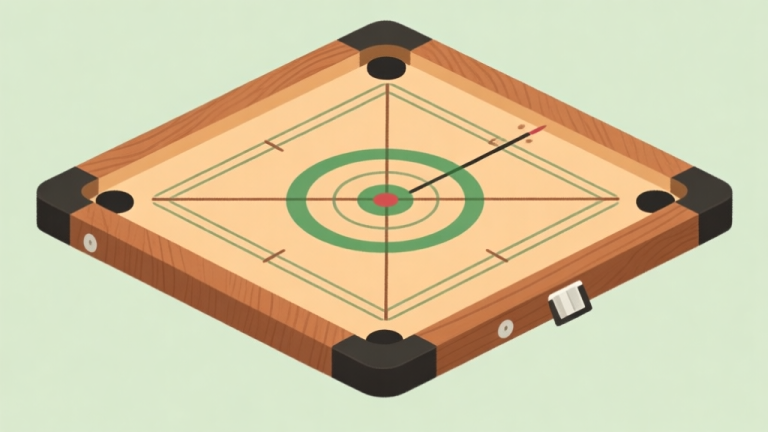 自动生成图片: Ilustrasi minimalis papan carrom dari atas, menunjukkan garis-garis dan lingkaran dengan jelas, skema warna kayu hangat dan hijau lembut, desain bersih untuk panduan pemula high quality illustration, detailed, 16:9