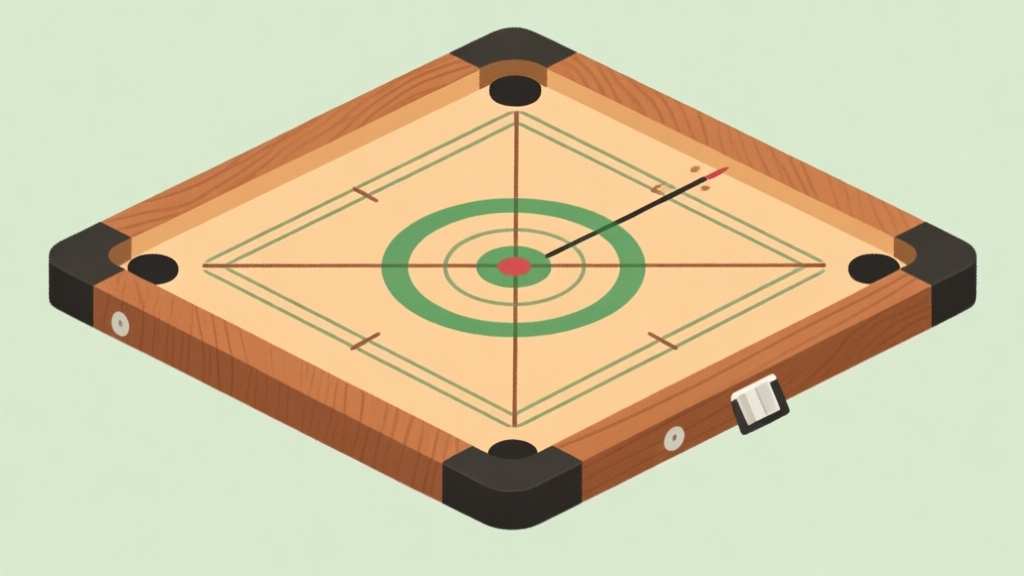 Ilustrasi minimalis papan carrom dari atas, menunjukkan garis-garis dan lingkaran dengan jelas, skema warna kayu hangat dan hijau lembut, desain bersih untuk panduan pemula high quality illustration, detailed, 16:9