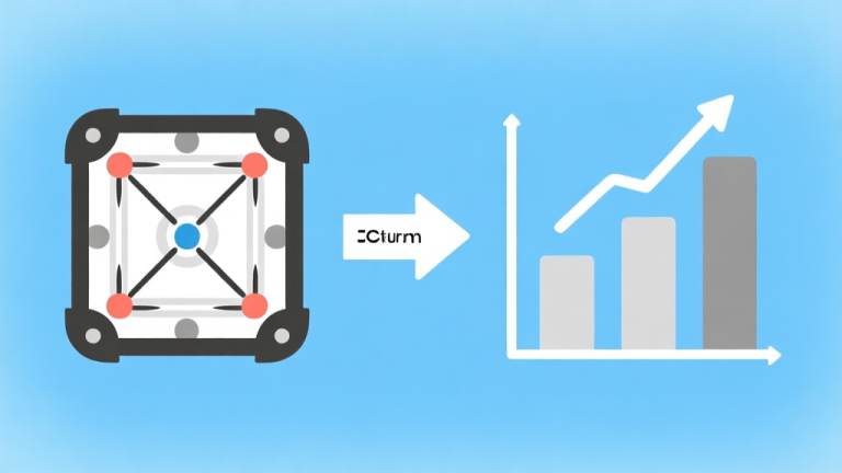 自动生成图片: Ilustrasi diagram alur sederhana dengan ikon papan carrom, panah naik-turun, dan grafik batang, skema warna biru muda dan abu-abu, desain minimal bersih, gaya infografis high quality illustration, detailed, 16:9