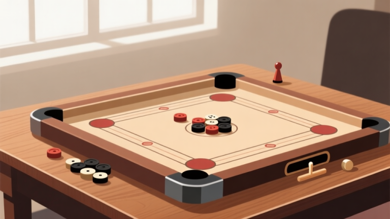 自动生成图片: Ilustrasi minimalis papan carrom dengan striker dan bidak tersusun rapi di atas meja kayu, cahaya lembut dari jendela, suasana tenang dan fokus, gaya clean professional high quality illustration, detailed, 16:9