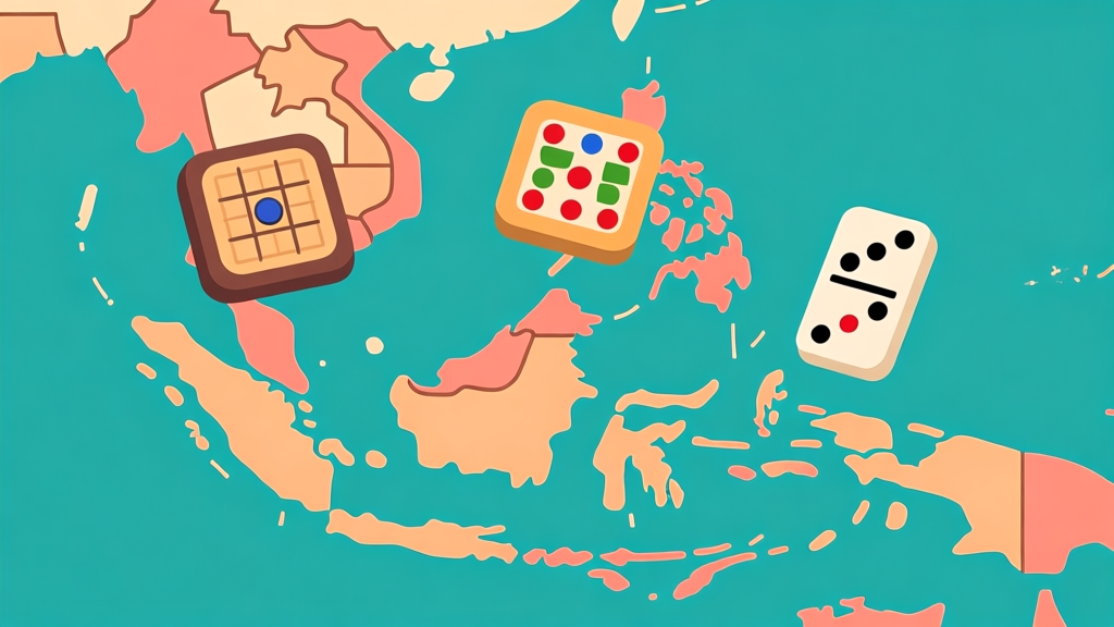 Ilustrasi digital yang menunjukkan tiga ikon game berbeda (papan carrom, papan ludo, dan set domino) melayang di atas peta Indonesia yang disederhanakan, dengan garis koneksi tipis di antaranya, warna tanah dan pastel, gaya minimalis datar high quality illustration, detailed, 16:9