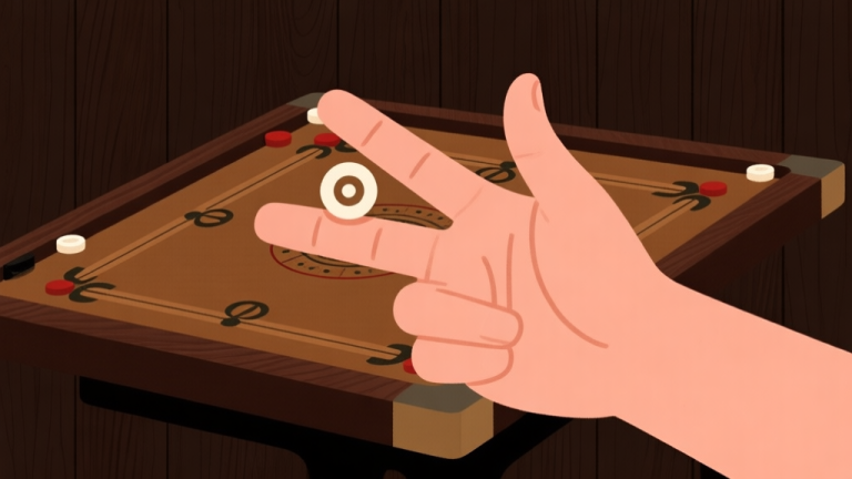 自动生成图片: Ilustrasi minimalis tangan memegang striker carrom dengan posisi jari yang benar, latar belakang kayu gelap meja carrom, warna hangat dan natural, gaya clean dan instruksional high quality illustration, detailed, 16:9