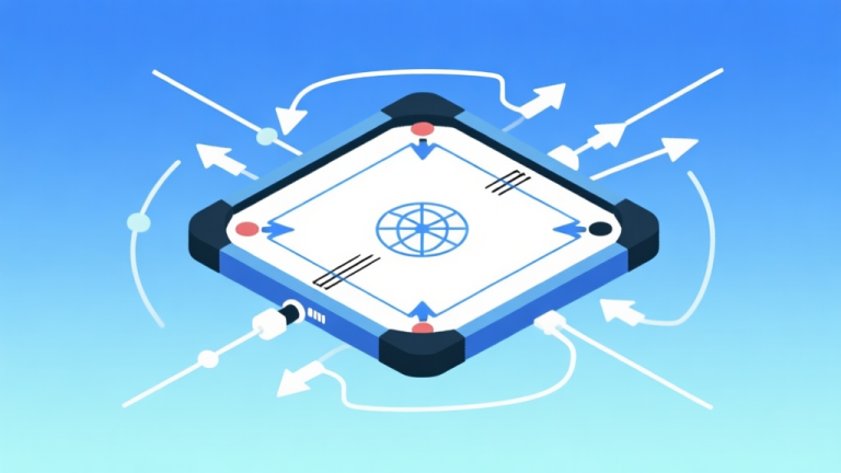 自动生成图片: Ilustrasi grafis minimalis papan Carrom digital dengan koneksi jaringan global, latar belakang gradient biru muda, simbol panah yang menyebar, gaya visual clean dan modern high quality illustration, detailed, 16:9