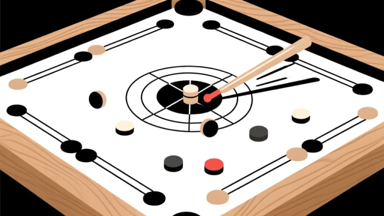 自动生成图片: Ilustrasi minimalis papan carrom dengan bidak-bidak tersebar, satu bidak striker meluncur ke arah yang salah, desain clean dengan warna kayu dan hitam putih, gaya diagram instruksional high quality illustration, detailed, 16:9