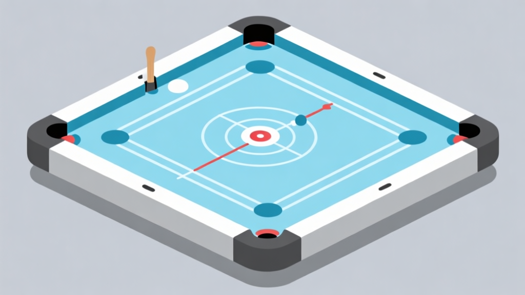 Ilustrasi minimalis papan carrom digital dengan garis panduan target dan lintasan striker, skema warna biru muda dan abu-abu, desain bersih, gaya visualisasi data high quality illustration, detailed, 16:9