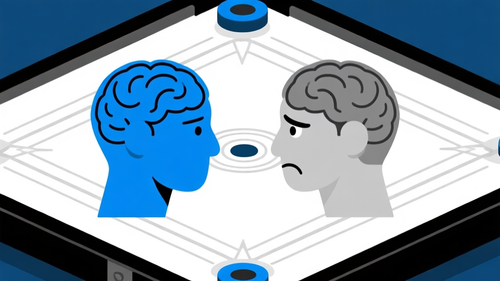 Ilustrasi dua pikiran yang saling berhadapan di atas papan carrom digital, satu tenang dan fokus, satunya terlihat ragu, dengan skema warna biru dan abu-abu yang minimal, gaya desain bersih high quality illustration, detailed, 16:9