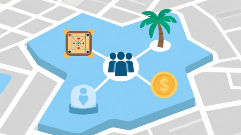 自动生成图片: Ilustrasi peta konsep digital dengan ikon-ikon seperti papan carrom, tropi, grup orang, dan koin yang saling terhubung dengan garis. Warna dominan biru muda dan abu-abu, gaya flat design yang minimalis dan profesional. high quality illustration, detailed, 16:9