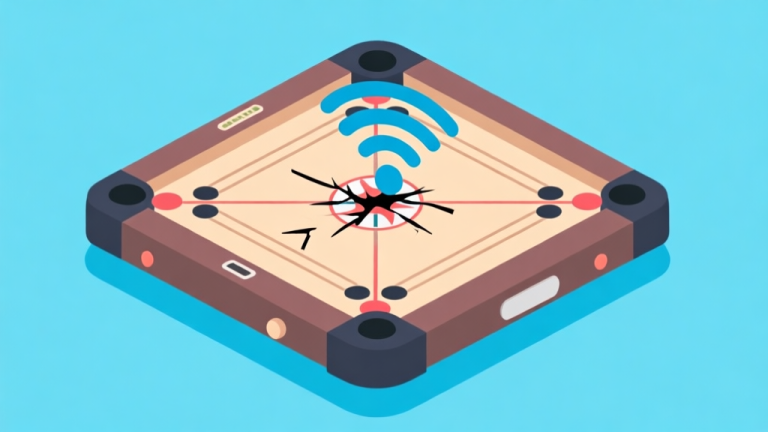 自动生成图片: Ilustrasi grafis minimalis menunjukkan papan carrom digital dengan sinyal Wi-Fi yang terputus-putus di atasnya, latar belakang biru muda, gaya flat design, konsep gangguan koneksi game high quality illustration, detailed, 16:9