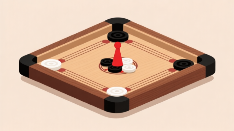 自动生成图片: Ilustrasi minimalis papan carrom kayu dengan bidak hitam, putih, dan striker merah di atasnya, latar belakang lembut, gaya clean, komposisi simetris high quality illustration, detailed, 16:9