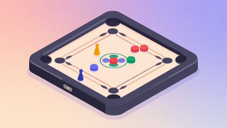 自动生成图片: Ilustrasi minimalis papan Carrom digital dengan beberapa bidak berwarna, latar belakang gradient lembut, desain bersih dan modern, konsep game online high quality illustration, detailed, 16:9