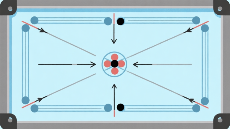 自动生成图片: Ilustrasi minimalis papan Carrom dengan garis-garis gaya (force lines) dan vektor panah yang menunjukkan arah pukulan dan pantulan, skema warna biru muda dan abu-abu, gaya diagram ilmiah yang bersih high quality illustration, detailed, 16:9