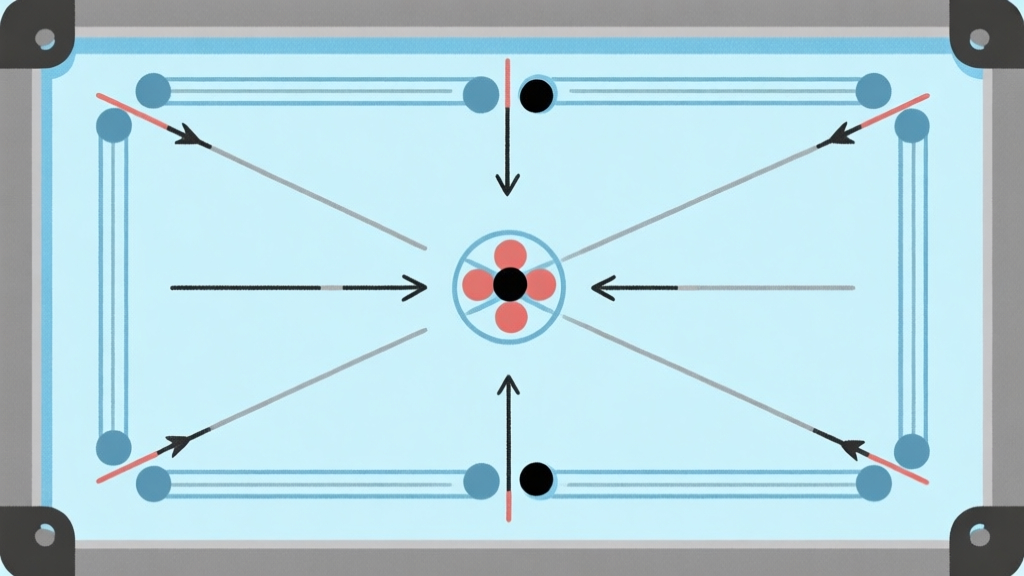 Ilustrasi minimalis papan Carrom dengan garis-garis gaya (force lines) dan vektor panah yang menunjukkan arah pukulan dan pantulan, skema warna biru muda dan abu-abu, gaya diagram ilmiah yang bersih high quality illustration, detailed, 16:9