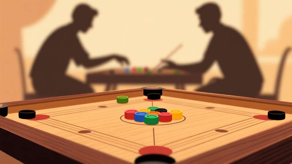 Ilustrasi minimalis papan carrom kayu dengan beberapa bidak warna-warni tersusun rapi di tengah, cahaya hangat menerpa, latar belakang blur dengan silhouette dua orang sedang bermain, nuansa nostalgia dan hangat, gaya ilustrasi clean high quality illustration, detailed, 16:9