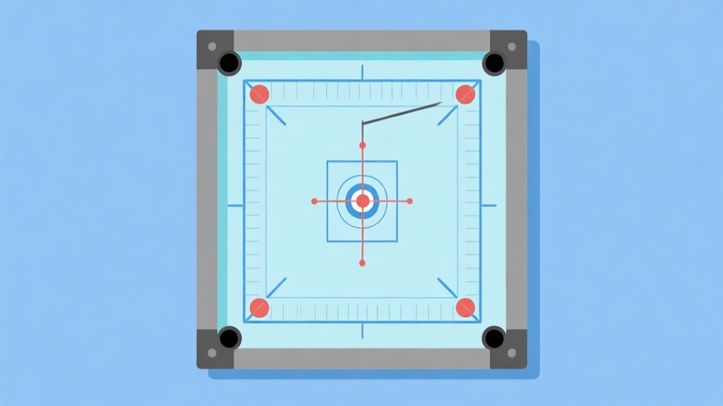 Ilustrasi minimalis papan carrom online dengan garis panduan sudut dan lintasan bidikan, skema warna biru muda dan abu-abu, desain bersih dan informatif, gaya visual tutorial digital high quality illustration, detailed, 16:9